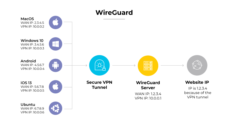 WireGuard protocol showing various devices connected through a secure VPN tunnel to a WireGuard server and then to a website IP address.