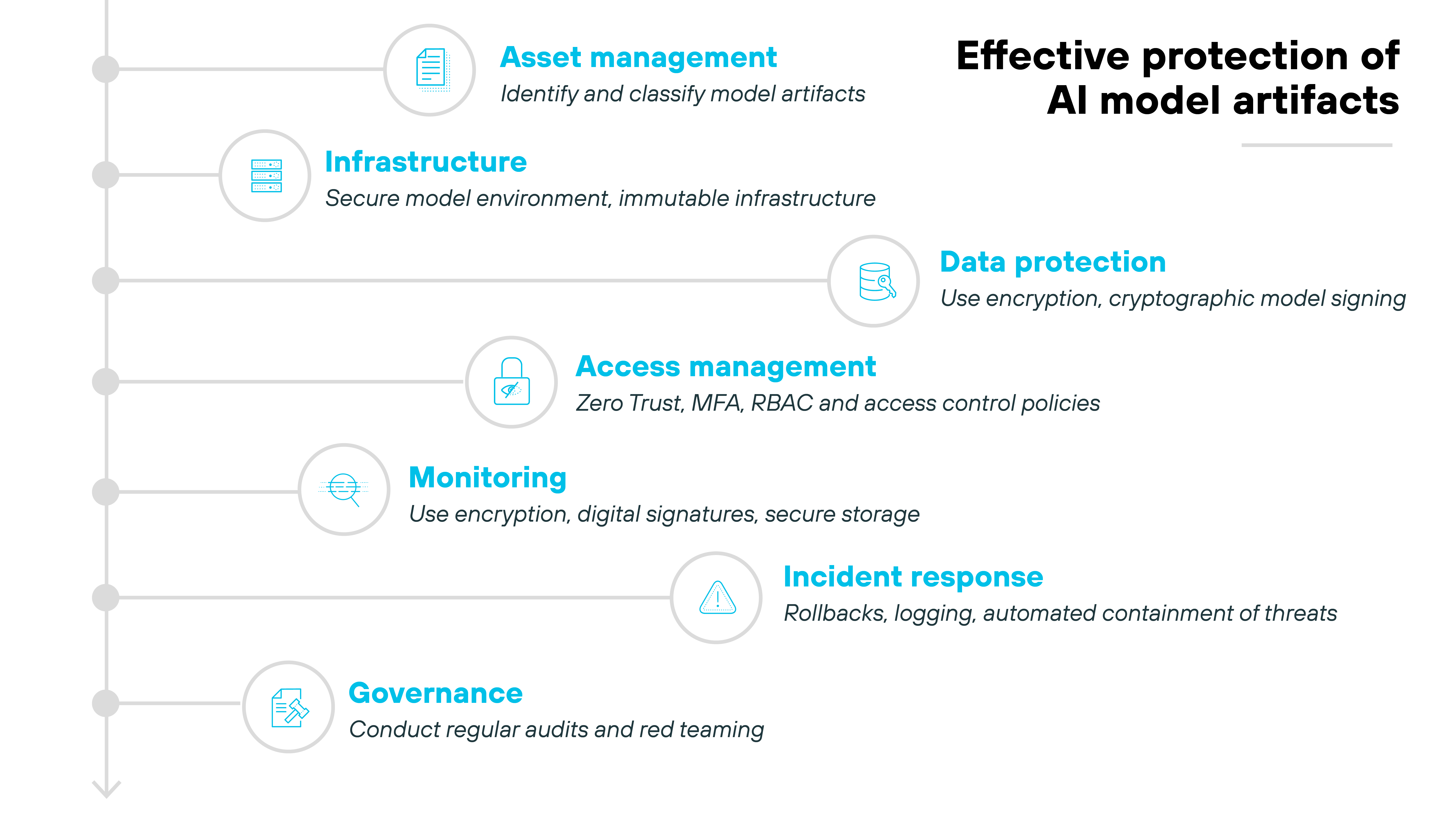 A vertically arranged list titled 'Effective protection of AI model artifacts' displays seven labeled categories, each paired with an icon, a bold blue heading, and a brief description. From top to bottom, the categories are: 'Asset management' with a document icon and the description 'Identify and classify model artifacts'; 'Infrastructure' with a server icon and the description 'Secure model environment, immutable infrastructure'; 'Data protection' with a database icon and the description 'Use encryption, cryptographic model signing'; 'Access management' with a padlock icon and the description 'Zero Trust, MFA, RBAC and access control policies'; 'Monitoring' with a shield icon and the description 'Use encryption, digital signatures, secure storage'; 'Incident response' with a triangle alert icon and the description 'Rollbacks, logging, automated containment of threats'; and 'Governance' with a checklist icon and the description 'Conduct regular audits and red teaming.' Each category is aligned along a vertical line on the left, marked by circular gray nodes.