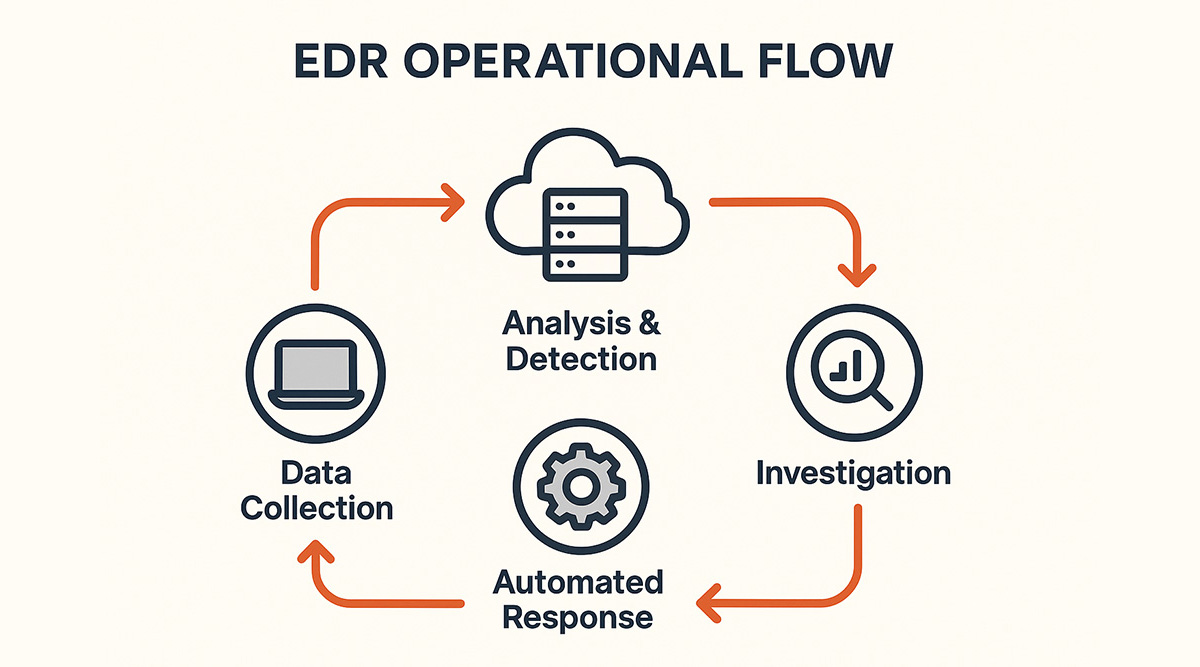 A digital infographic titled "EDR Operational Flow" that illustrates the four key stages of an Endpoint Detection and Response (EDR) system. The stages—Data Collection, Analysis & Detection, Investigation, and Automated Response—are each represented by a circular icon with a label beneath. The icons are arranged in a circular flow and connected by burnt orange arrows, demonstrating the continuous lifecycle of EDR operations. The design features a clean, modern aesthetic with a light background and navy blue text for high readability.