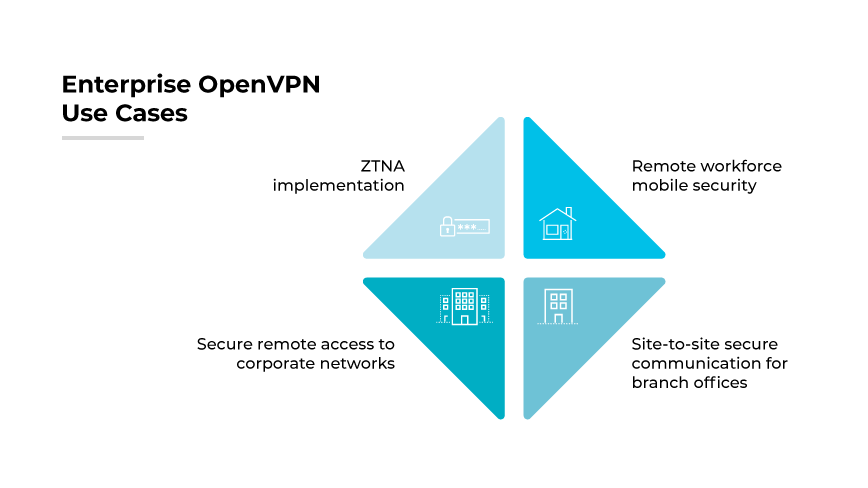 OpenVPN enterprise use cases including secure remote access, site-to-site secure communication for branches, remote mobile security, ZTNA.