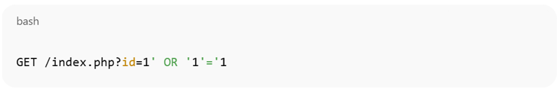 Example of injection payloads in query strings or form parameters