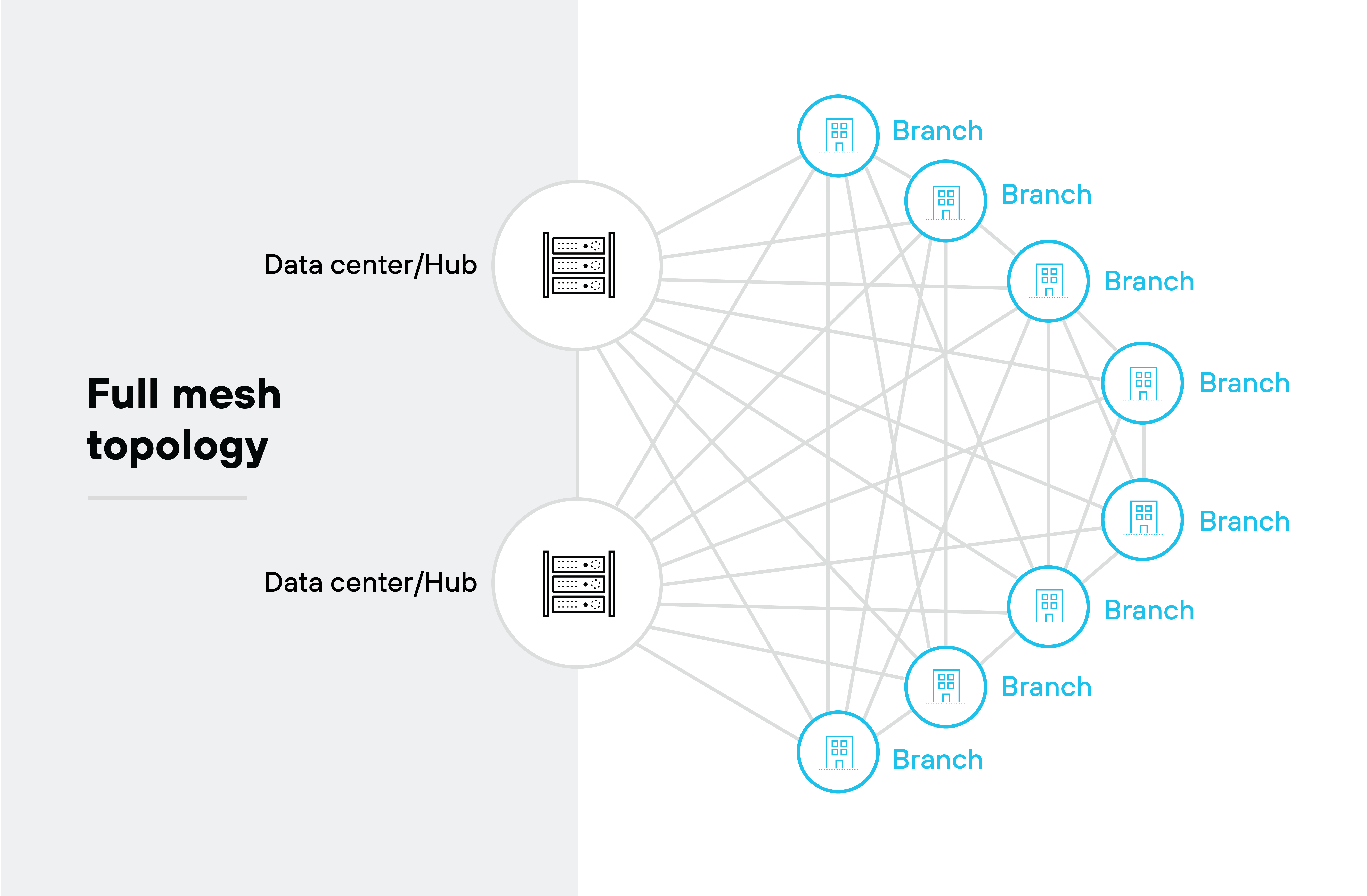 Architecture diagram illustrating a full mesh topology in a network configuration. It features two data centers or hubs positioned at the center, connected to multiple branch locations represented by blue icons. Each branch is interconnected, indicating that every branch can communicate directly with every other branch and the data centers, demonstrating a comprehensive network architecture that allows for multiple pathways between all nodes. The layout emphasizes the redundancy and direct connectivity characteristic of a full mesh topology.