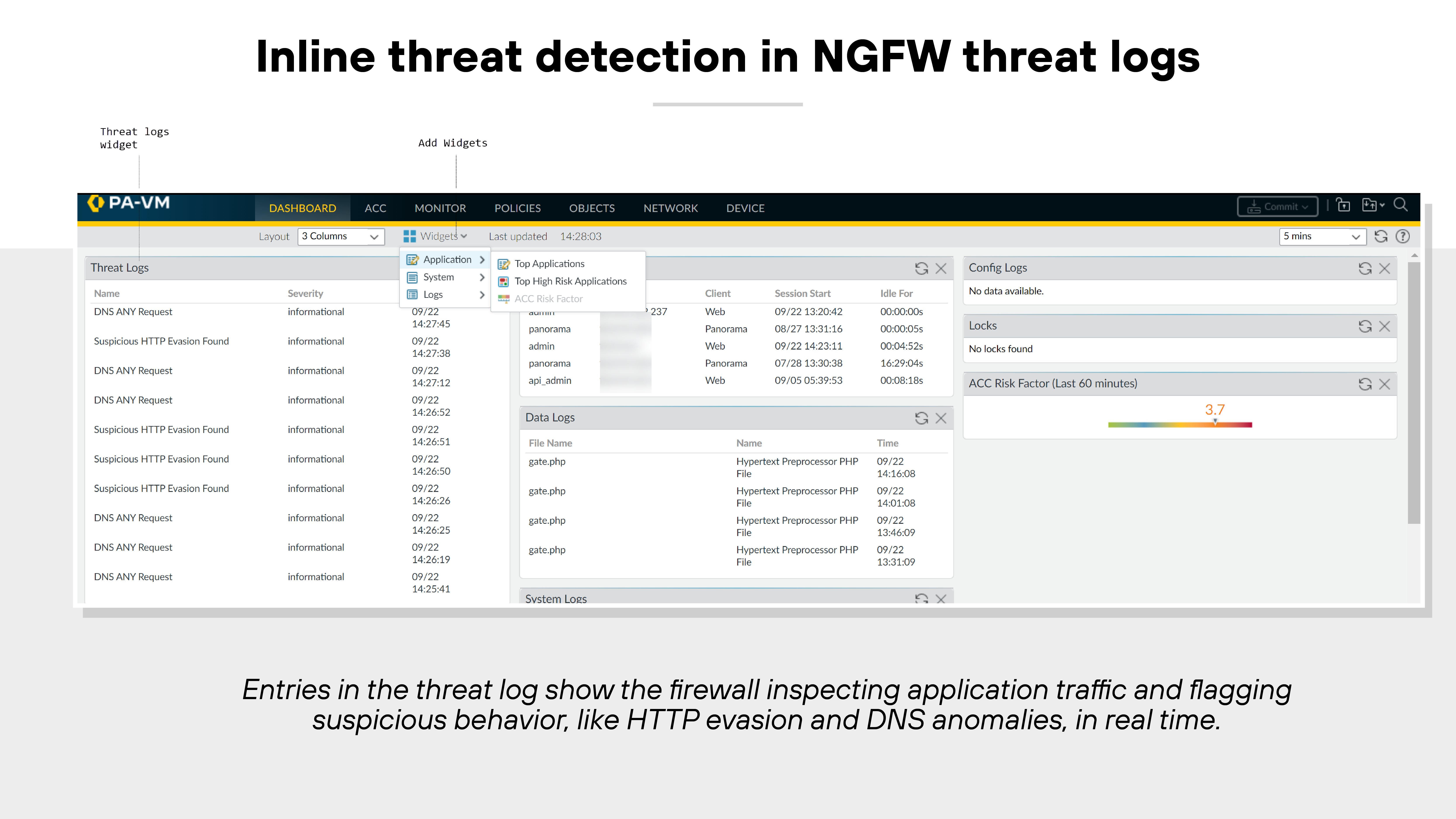 The image titled 'Inline threat detection in NGFW threat logs' shows a screenshot of the PAN-OS user interface from a PA-VM device. The screen is focused on the 'Monitor' tab, displaying the 'Threat Log' panel. The table lists multiple threat entries under columns labeled 'Type,' 'SubType,' 'Threat/Content Name,' 'Severity,' 'Action,' 'Time,' 'Source,' 'Destination,' and 'Application.' The log entries include details such as DNS and spyware alerts, detected threat names like 'Suspicious HTTP Evasion,' severity levels, and the actions taken, such as 'alert.' To the right, smaller panels display the 'Config Logs' and 'ACC Risk Factor,' with a gauge showing a risk score of 3.7. Navigation tabs at the top include 'DASHBOARD,' 'ACC,' 'MONITOR,' 'POLICIES,' 'OBJECTS,' 'NETWORK,' and 'DEVICE.' A caption below the image notes that the firewall inspects application traffic and flags suspicious behaviors such as HTTP evasion and DNS anomalies in real time.