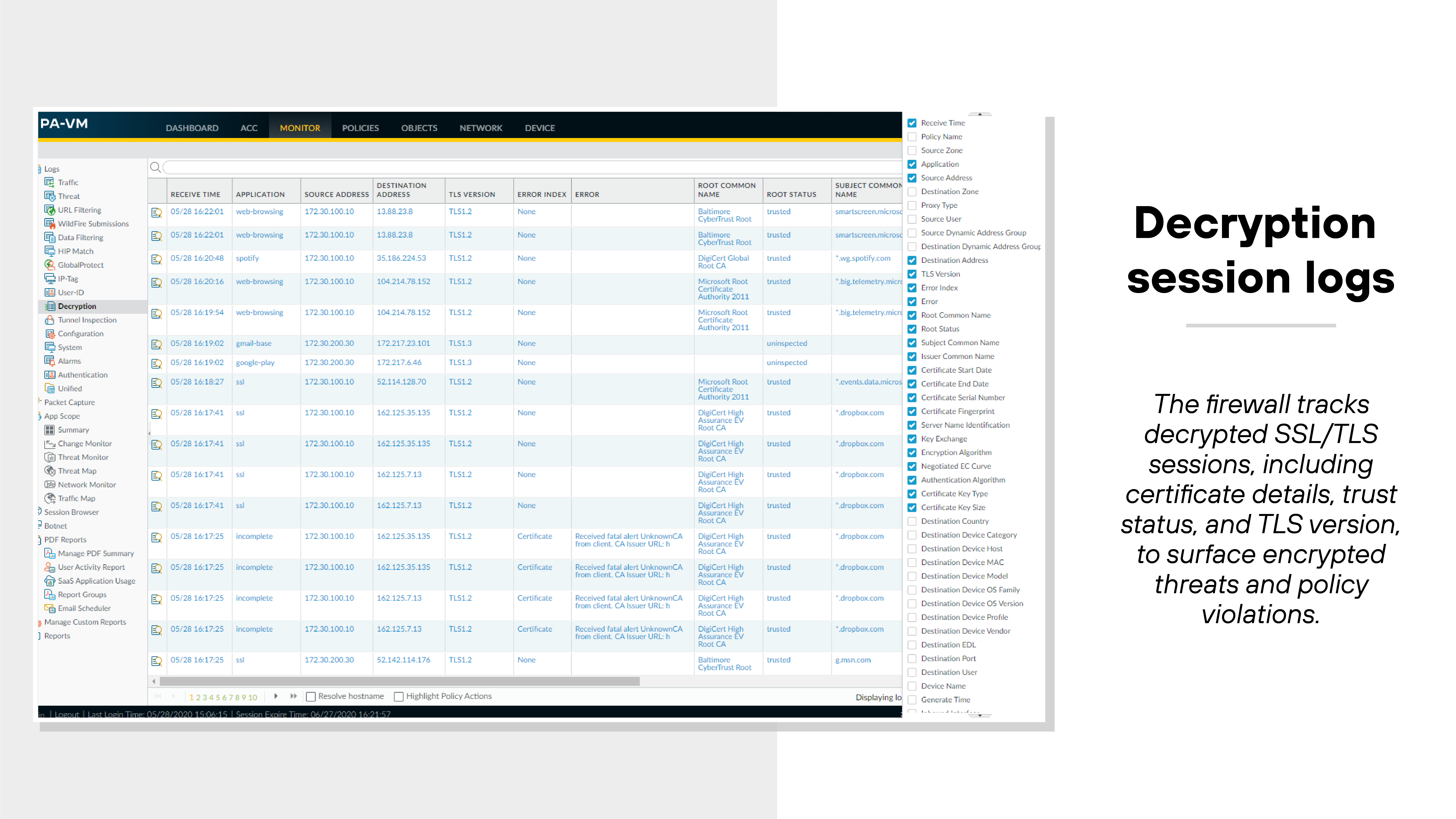The image shows a screenshot of the PAN-OS user interface from a PA-VM device focused on decryption session logs. The main panel displays a table listing SSL/TLS session entries with columns labeled such as 'Decryption Type,' 'Time,' 'Source Address,' 'Destination Address,' 'Application,' 'TLS Version,' 'Decryption Policy Name,' 'Action,' and 'Error.' Each row contains log entries with source and destination IP addresses, associated applications like 'google-base' and 'paloalto-updates,' TLS versions such as 1.2 or 1.3, and specific decryption policies and actions applied. The left navigation menu displays various log categories under the 'Monitor' tab, while the right side of the image includes a caption stating that the firewall tracks decrypted SSL/TLS sessions, including certificate details, trust status, and TLS version, to surface encrypted threats and policy violations.