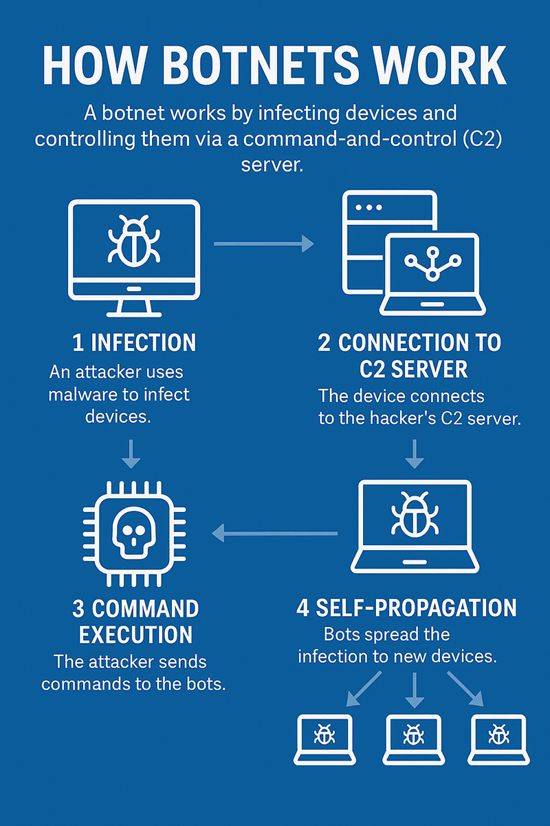 An infographic that shows how a botnet infects devices and controls them via a command-and-control server.