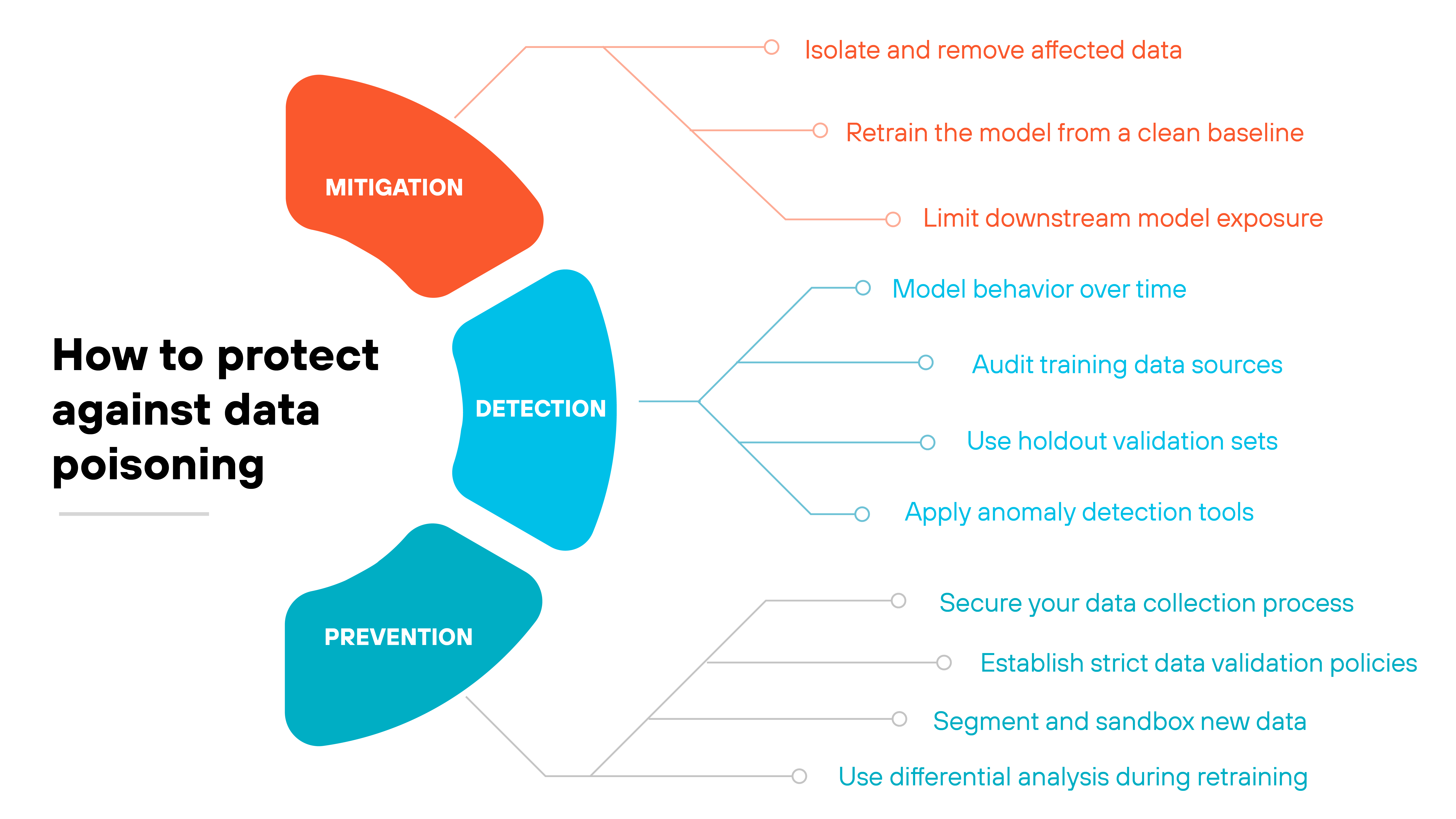 An infographic titled 'How to protect against data poisoning' displays three colored vertical segments labeled 'Mitigation' in red, 'Detection' in blue, and 'Prevention' in teal. Each segment has corresponding protection strategies branching out to the right. Under 'Mitigation': 'Isolate and remove affected data,' 'Retrain the model from a clean baseline,' and 'Limit downstream model exposure.' Under 'Detection': 'Model behavior over time,' 'Audit training data sources,' 'Use holdout validation sets,' and 'Apply anomaly detection tools.' Under 'Prevention': 'Secure your data collection process,' 'Establish strict data validation policies,' 'Segment and sandbox new data,' and 'Use differential analysis during retraining.' All elements are arranged in a clean, symmetrical layout with curved lines connecting each tactic to its category.