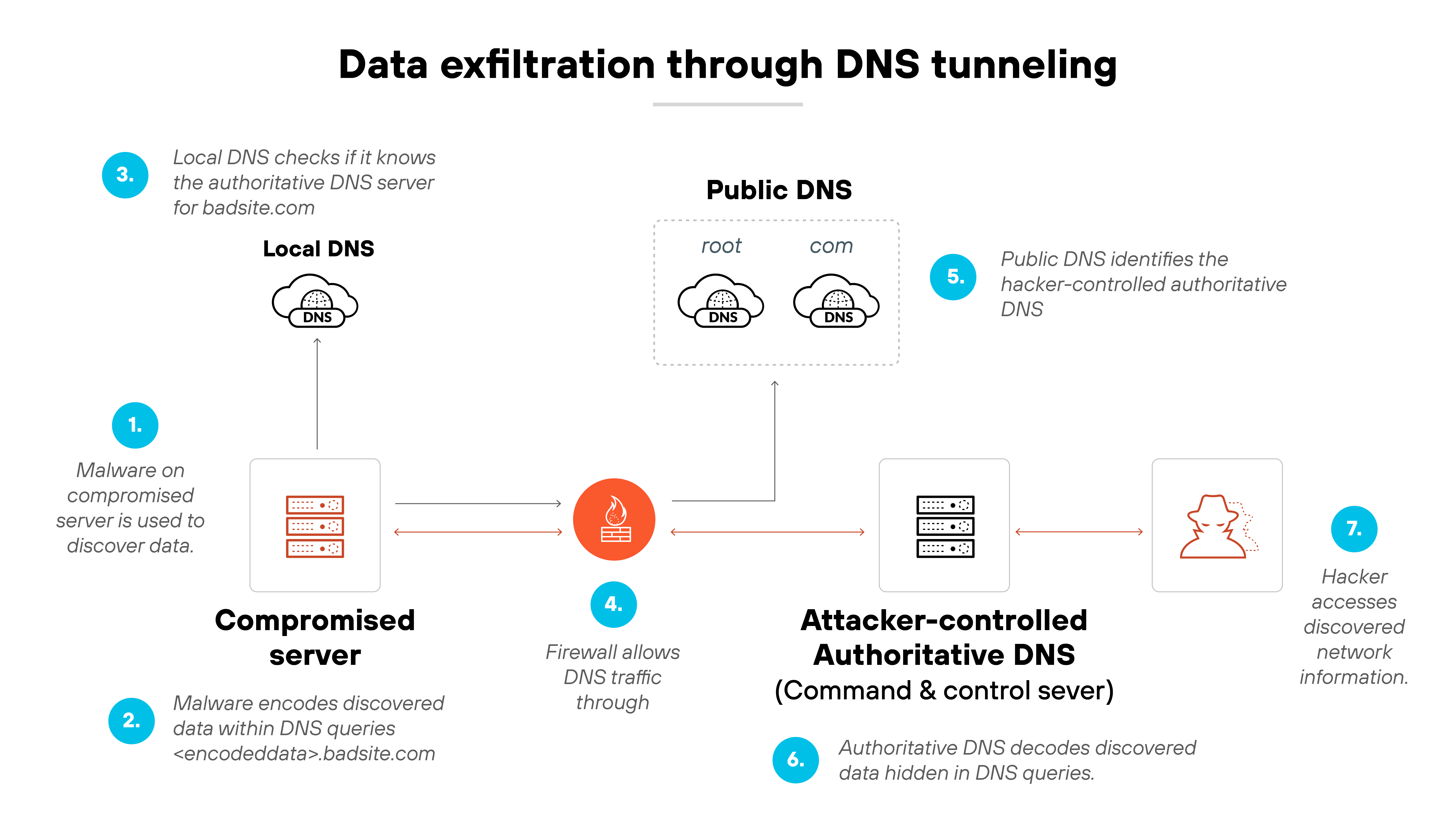 Architecture diagram titled 'Data exfiltration through DNS tunneling' shows a seven-step flow from left to right beginning with a 'Compromised server' and ending with a 'Hacker.' Step 1 shows malware on the compromised server being used to discover data. Step 2 shows that the malware encodes discovered data into DNS queries, such as '<encodeddata>.badsite.com'. Step 3 shows a 'Local DNS' checking if it knows the authoritative DNS server for the query. Step 4 shows a firewall allowing DNS traffic through to the 'Public DNS' infrastructure, labeled with root and .com name servers. Step 5 shows the public DNS identifying the attacker-controlled authoritative DNS. Step 6 shows the attacker-controlled authoritative DNS server decoding the hidden data from the DNS queries. Step 7 shows the hacker accessing the discovered network information. Each component is visually represented with an icon or server graphic, and directional arrows connect each step in the exfiltration process.