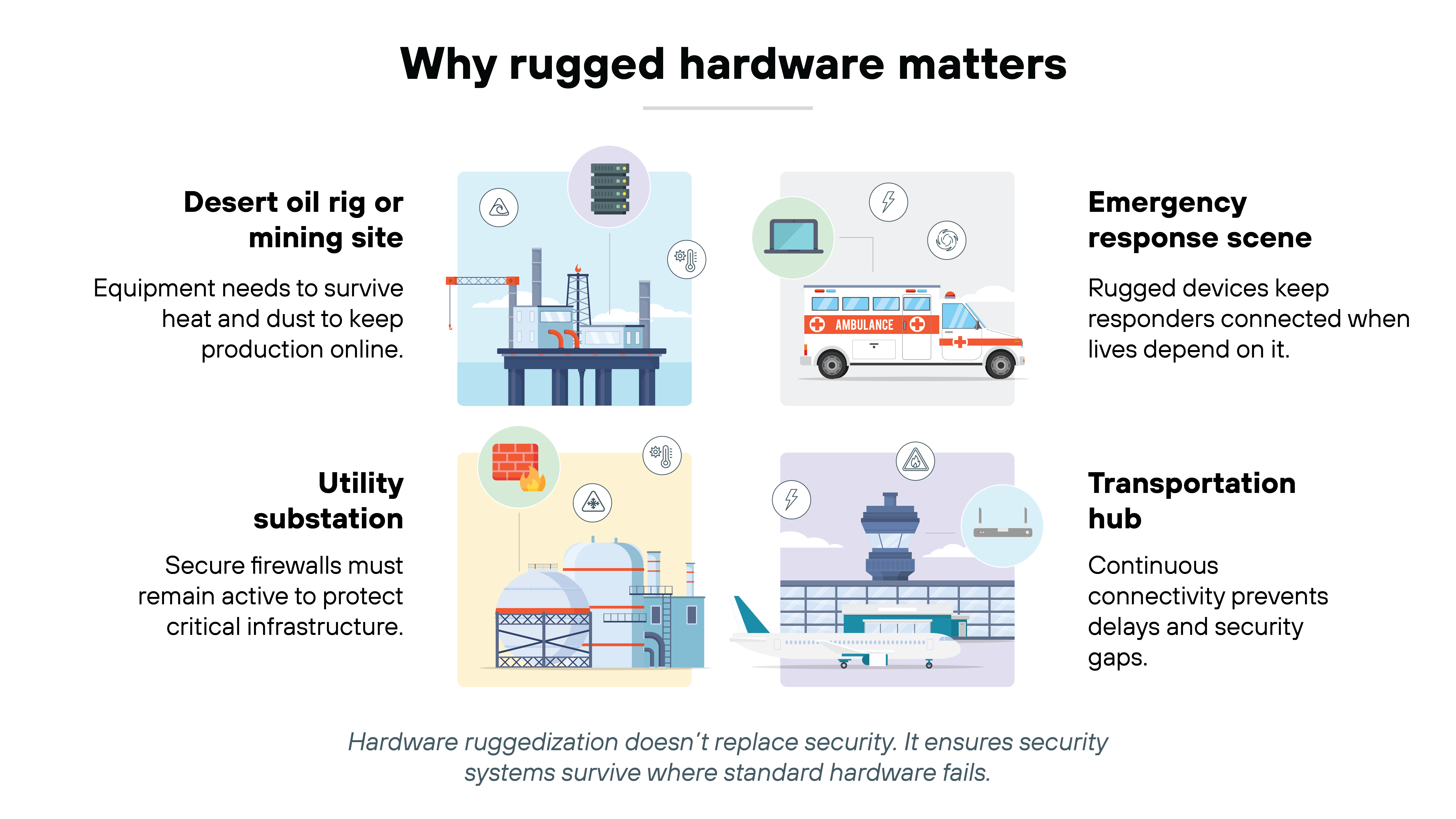 Bold black text at the top center reads 'Why rugged hardware matters.' Four illustrated panels are arranged in a grid with headings and descriptions on either side. The top left panel shows an offshore oil platform with the heading 'Desert oil rig or mining site' and the description 'Equipment needs to survive heat and dust to keep production online.' The top right panel shows an ambulance with the heading 'Emergency response scene' and the description 'Rugged devices keep responders connected when lives depend on it.' The bottom left panel shows a utility facility with domed tanks and chimneys with the heading 'Utility substation' and the description 'Secure firewalls must remain active to protect critical infrastructure.' The bottom right panel shows an airport terminal with an aircraft and control tower with the heading 'Transportation hub' and the description 'Continuous connectivity prevents delays and security gaps.' At the bottom, italicized text reads 'Hardware ruggedization doesn’t replace security. It ensures security systems survive where standard hardware fails.'
