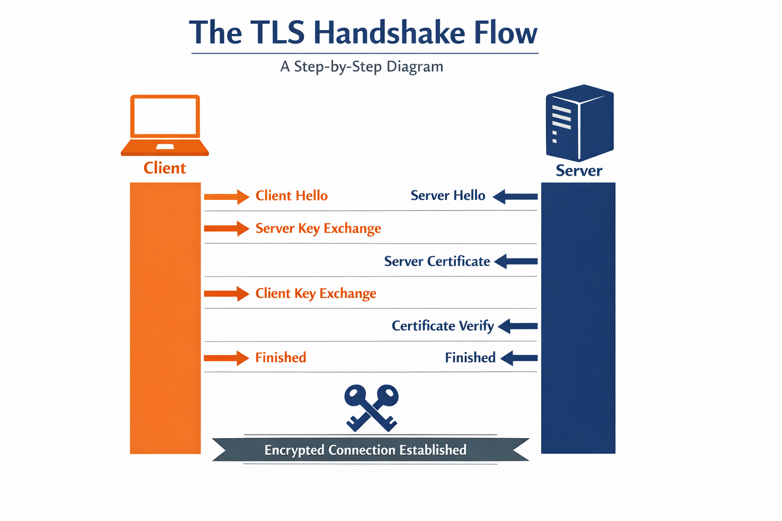 Diagram titled “The TLS Handshake Flow” showing a simplified TLS handshake between a client and server. An orange client icon and column appear on the left, and a midnight blue server icon and column appear on the right. Arrows between them show the sequence of messages: Client Hello, Server Hello, Server Key Exchange, Server Certificate, Client Key Exchange, Certificate Verify, and Finished. At the bottom, crossed key icons and a banner labeled “Encrypted Connection Established” indicate that a secure encrypted session has been created.